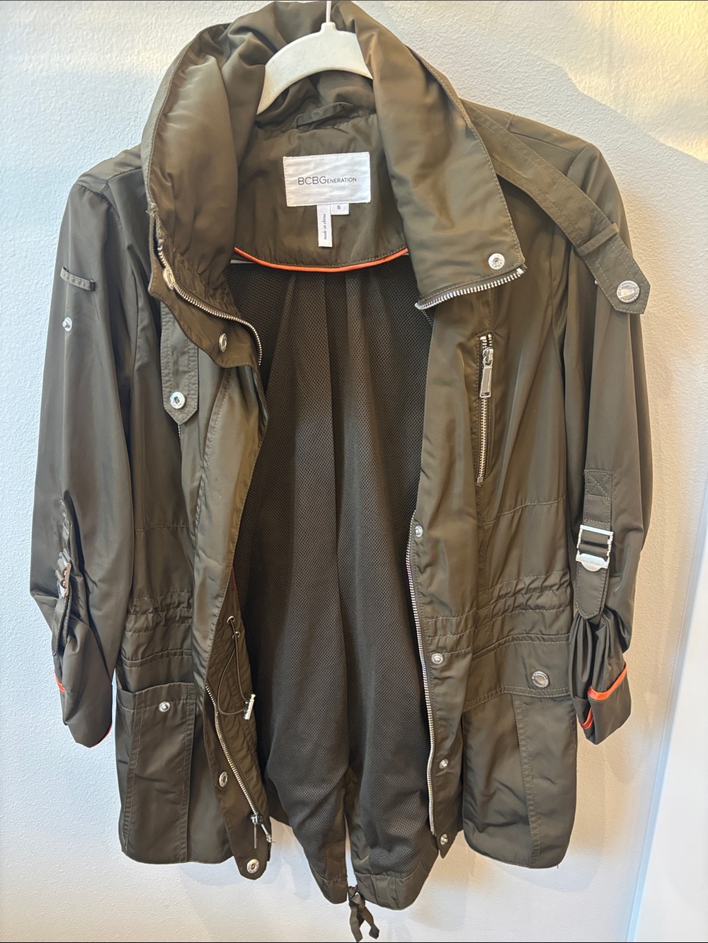 BCBGeneration Olive Green Utility Jacket with Orange Trim
